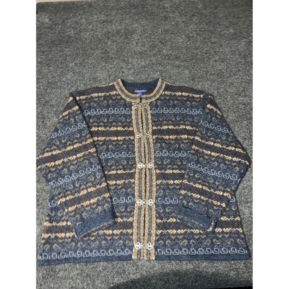 Eagle's Eye Vintage Wool Knit Cardigan Blue Tan Metal Clasps XL